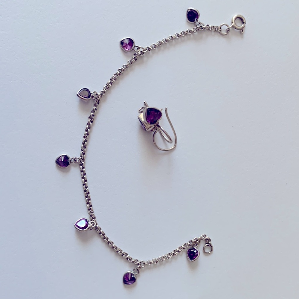 SILVER BRACELET/Earrings with Purple Heart stones.